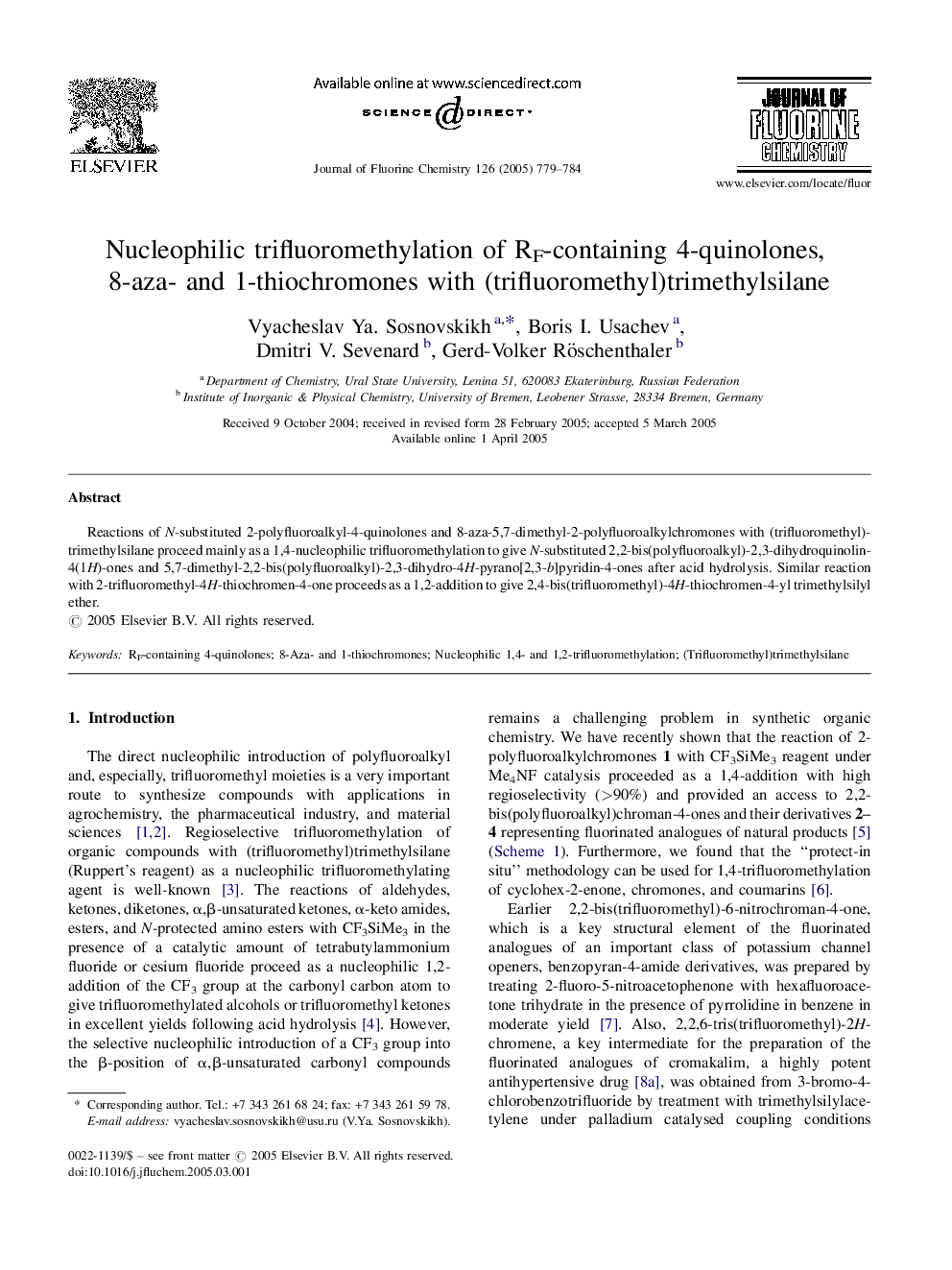 Nucleophilic trifluoromethylation of RF-containing 4-quinolones, 8-aza- and 1-thiochromones with (trifluoromethyl)trimethylsilane