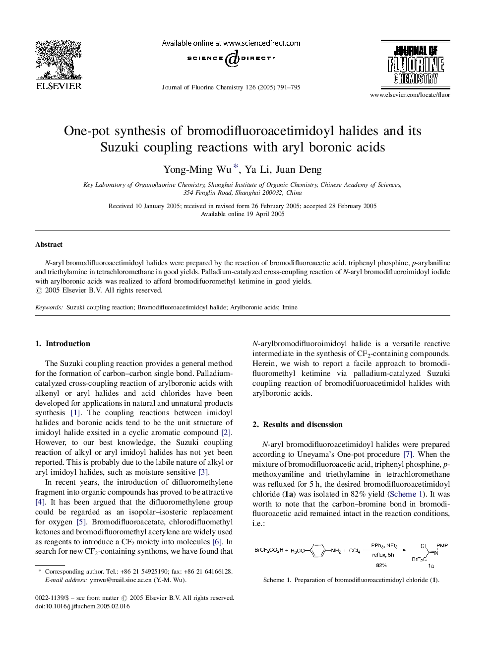 One-pot synthesis of bromodifluoroacetimidoyl halides and its Suzuki coupling reactions with aryl boronic acids