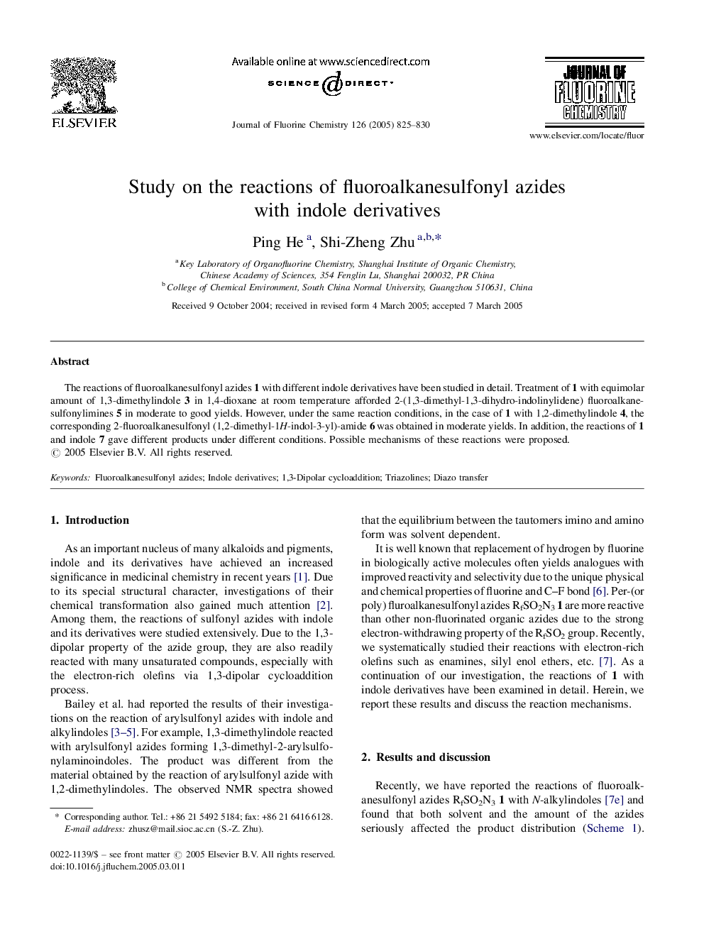 Study on the reactions of fluoroalkanesulfonyl azides with indole derivatives