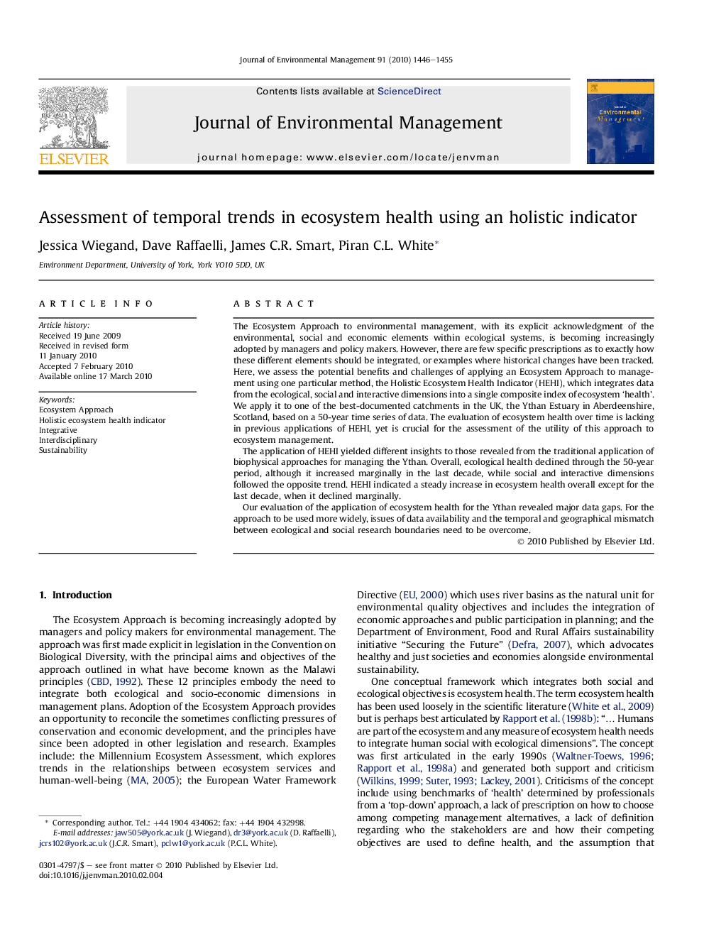 Assessment of temporal trends in ecosystem health using an holistic indicator