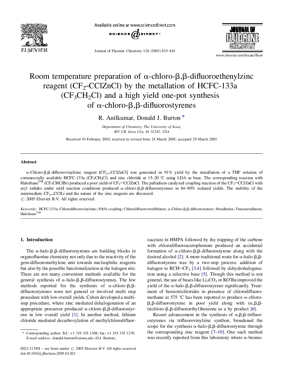Room temperature preparation of Î±-chloro-Î²,Î²-difluoroethenylzinc reagent (CF2CClZnCl) by the metallation of HCFC-133a (CF3CH2Cl) and a high yield one-pot synthesis of Î±-chloro-Î²,Î²-difluorostyrenes
