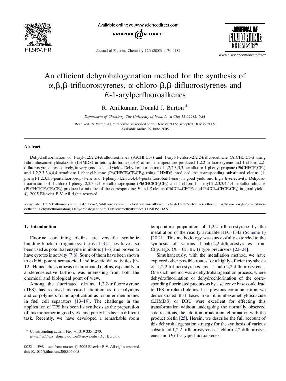 An efficient dehyrohalogenation method for the synthesis of Î±,Î²,Î²-trifluorostyrenes, Î±-chloro-Î²,Î²-difluorostyrenes and E-1-arylperfluoroalkenes