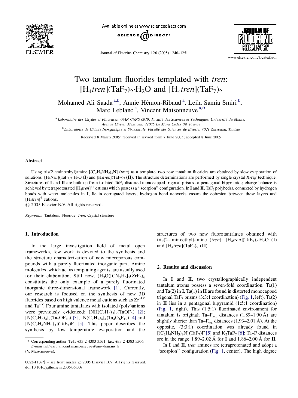 Two tantalum fluorides templated with tren: [H4tren](TaF7)2Â·H2O and [H4tren](TaF7)2