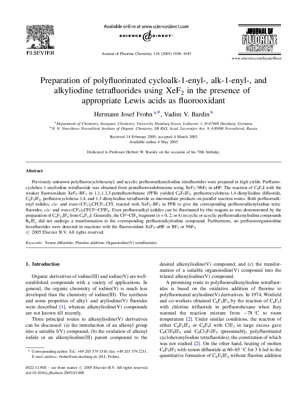 Preparation of polyfluorinated cycloalk-1-enyl-, alk-1-enyl-, and alkyliodine tetrafluorides using XeF2 in the presence of appropriate Lewis acids as fluorooxidant