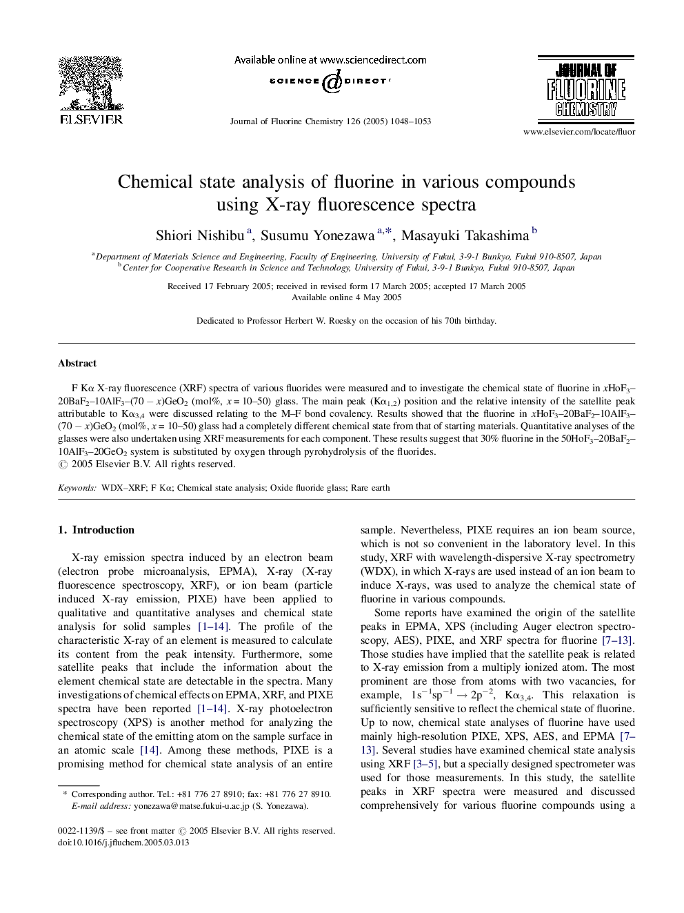 Chemical state analysis of fluorine in various compounds using X-ray fluorescence spectra