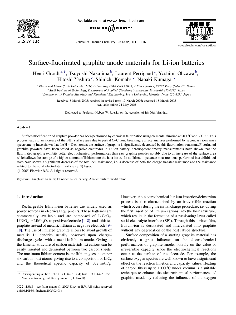 Surface-fluorinated graphite anode materials for Li-ion batteries