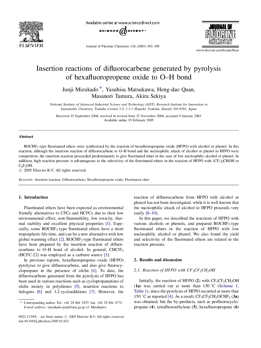 Insertion reactions of difluorocarbene generated by pyrolysis of hexafluoropropene oxide to OH bond