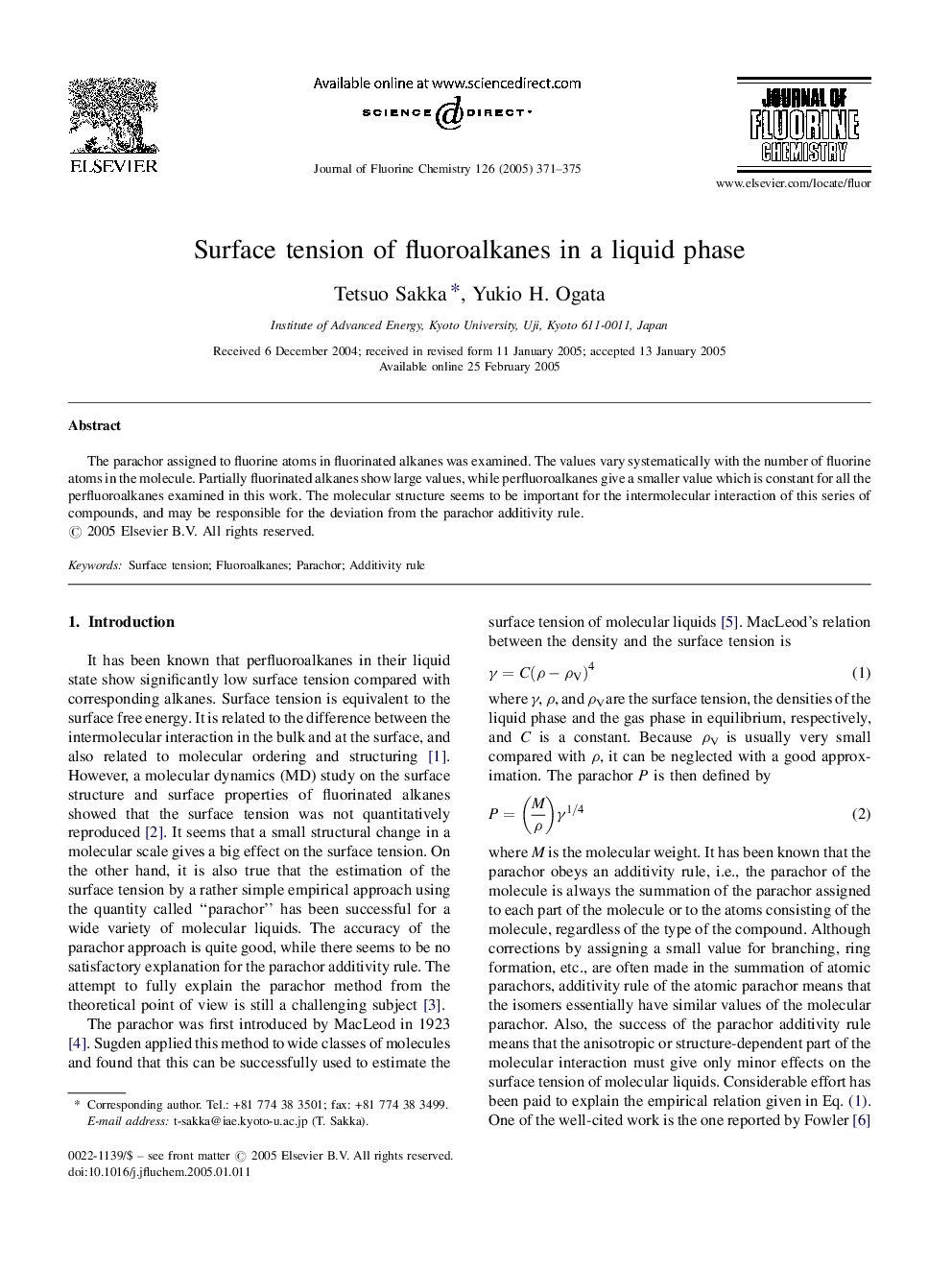 Surface tension of fluoroalkanes in a liquid phase