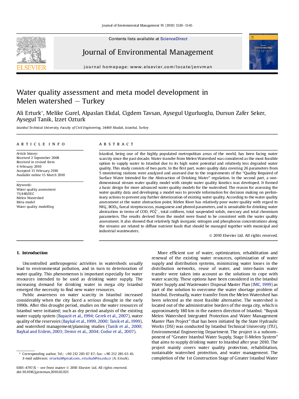 Water quality assessment and meta model development in Melen watershed – Turkey