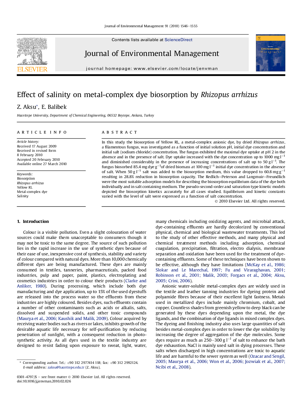 Effect of salinity on metal-complex dye biosorption by Rhizopus arrhizus