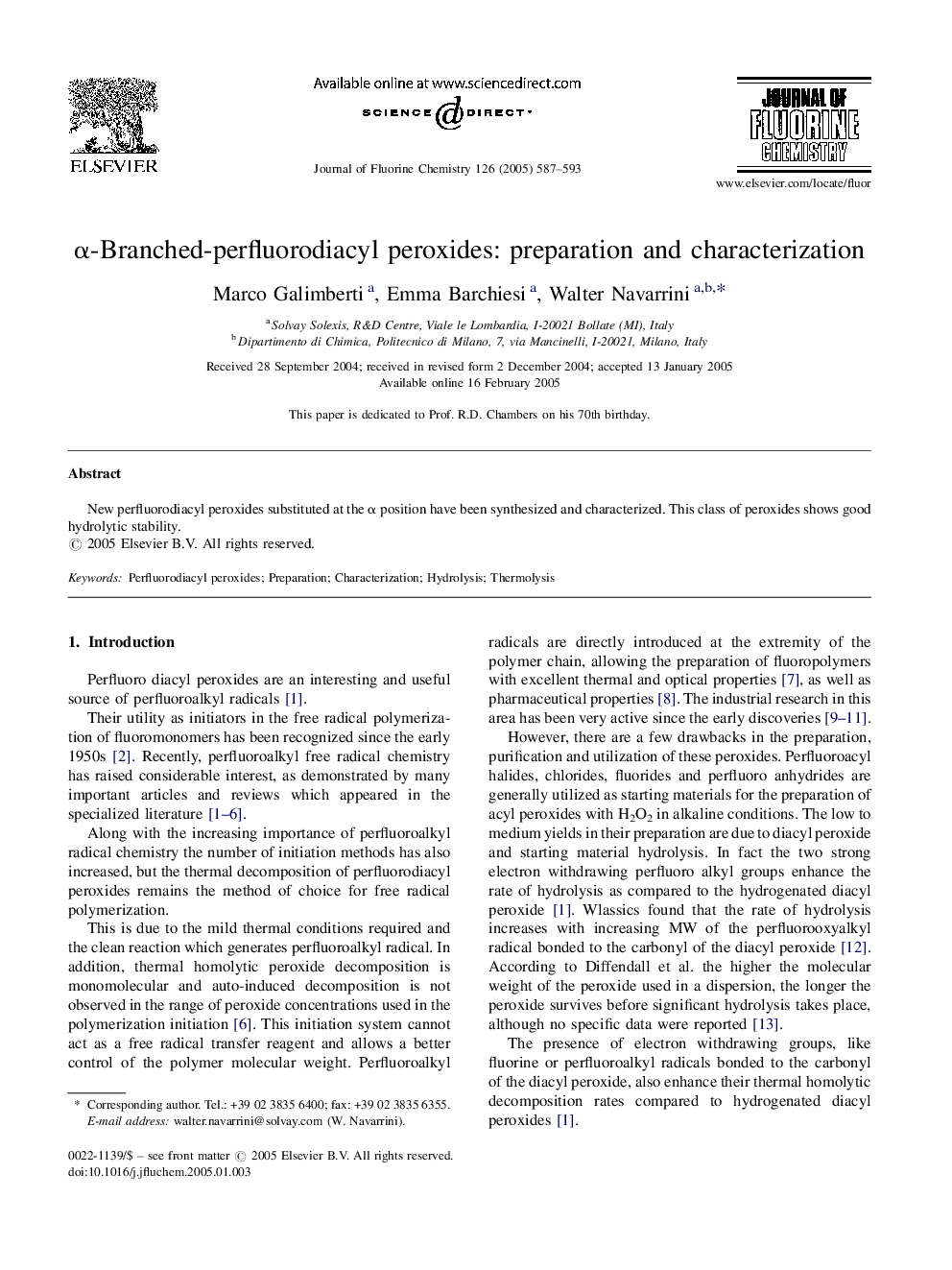 Î±-Branched-perfluorodiacyl peroxides: preparation and characterization