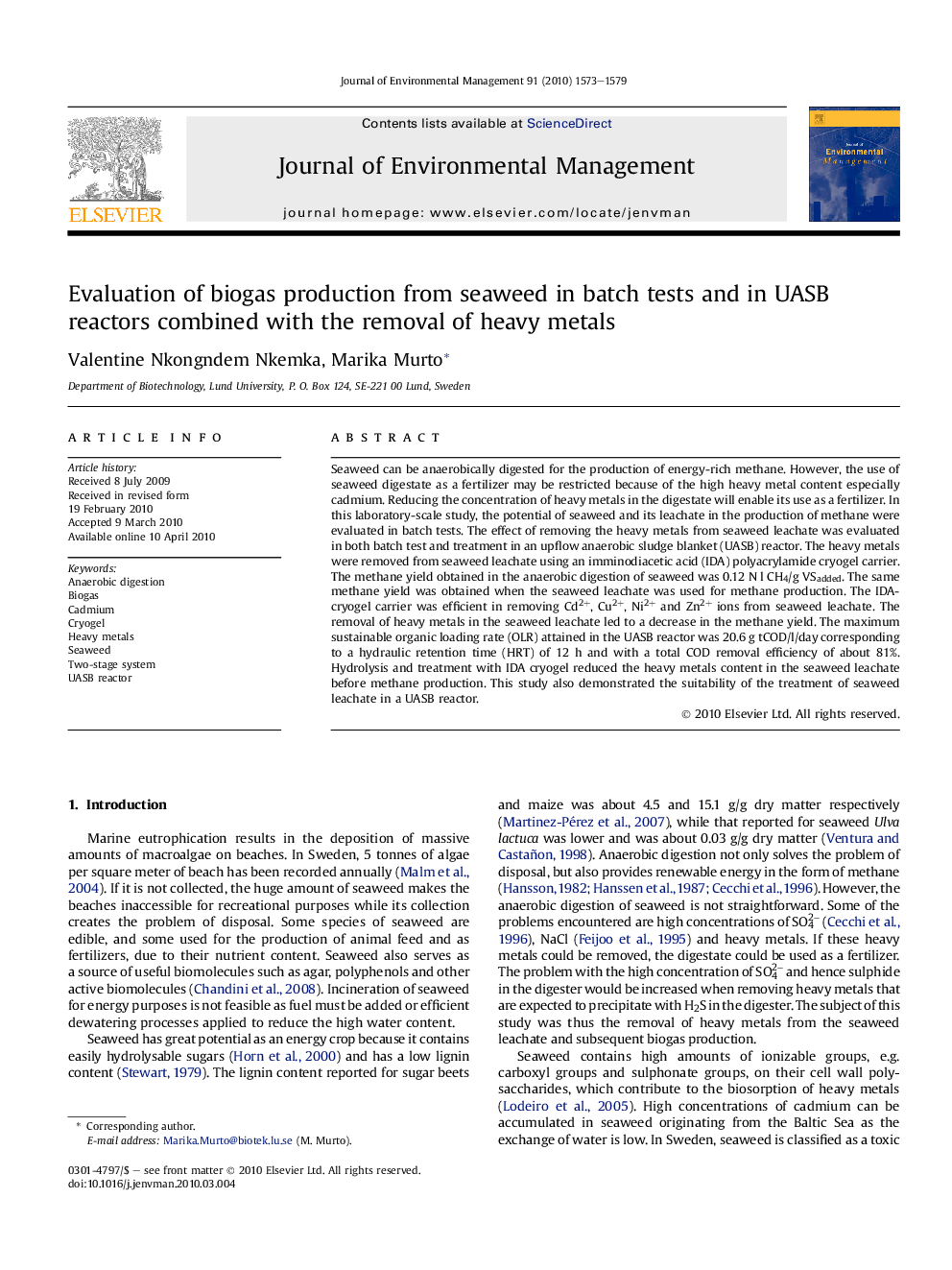 Evaluation of biogas production from seaweed in batch tests and in UASB reactors combined with the removal of heavy metals