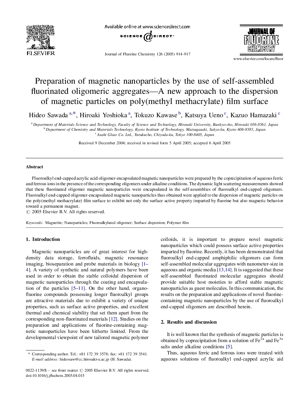 Preparation of magnetic nanoparticles by the use of self-assembled fluorinated oligomeric aggregates-A new approach to the dispersion of magnetic particles on poly(methyl methacrylate) film surface