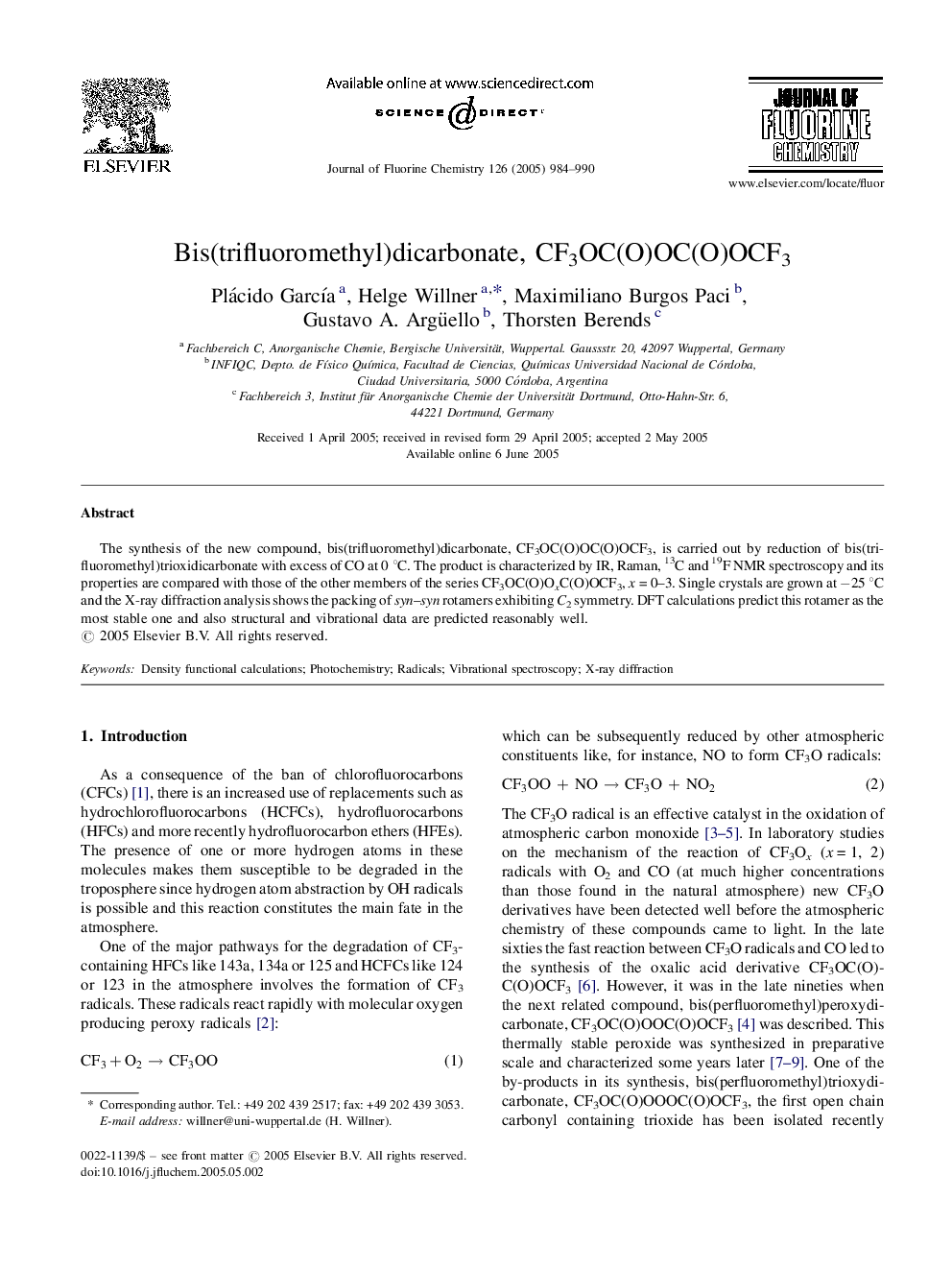 عکس صفحه اول مقاله: Bis(trifluoromethyl)dicarbonate, CF3OC(O)OC(O)OCF3 Bis(trifluoromethyl)dicarbonate, CF3OC(O)OC(O)OCF3