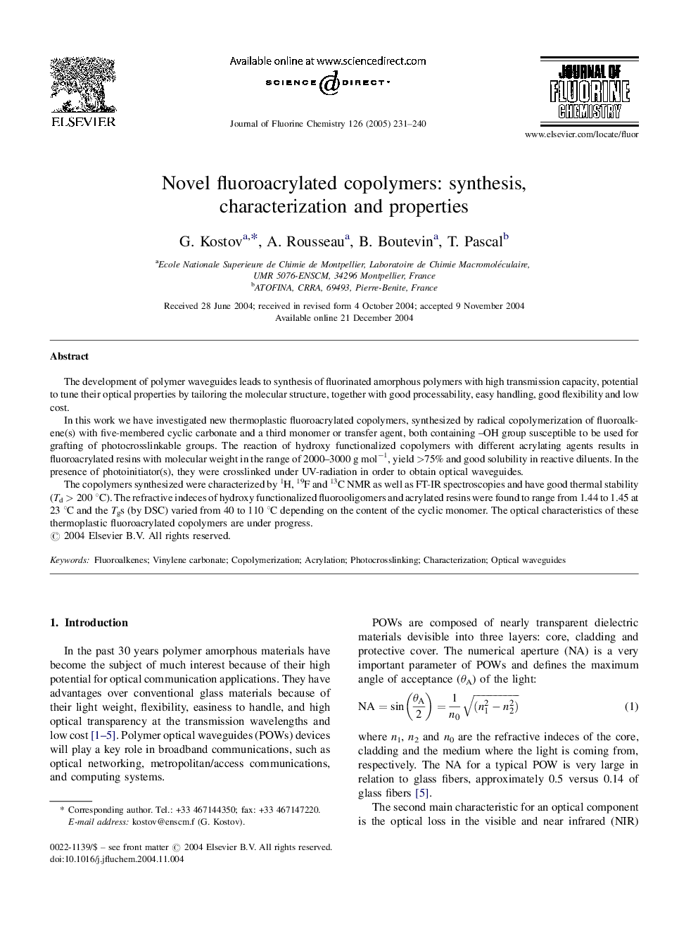 Novel fluoroacrylated copolymers: synthesis, characterization and properties