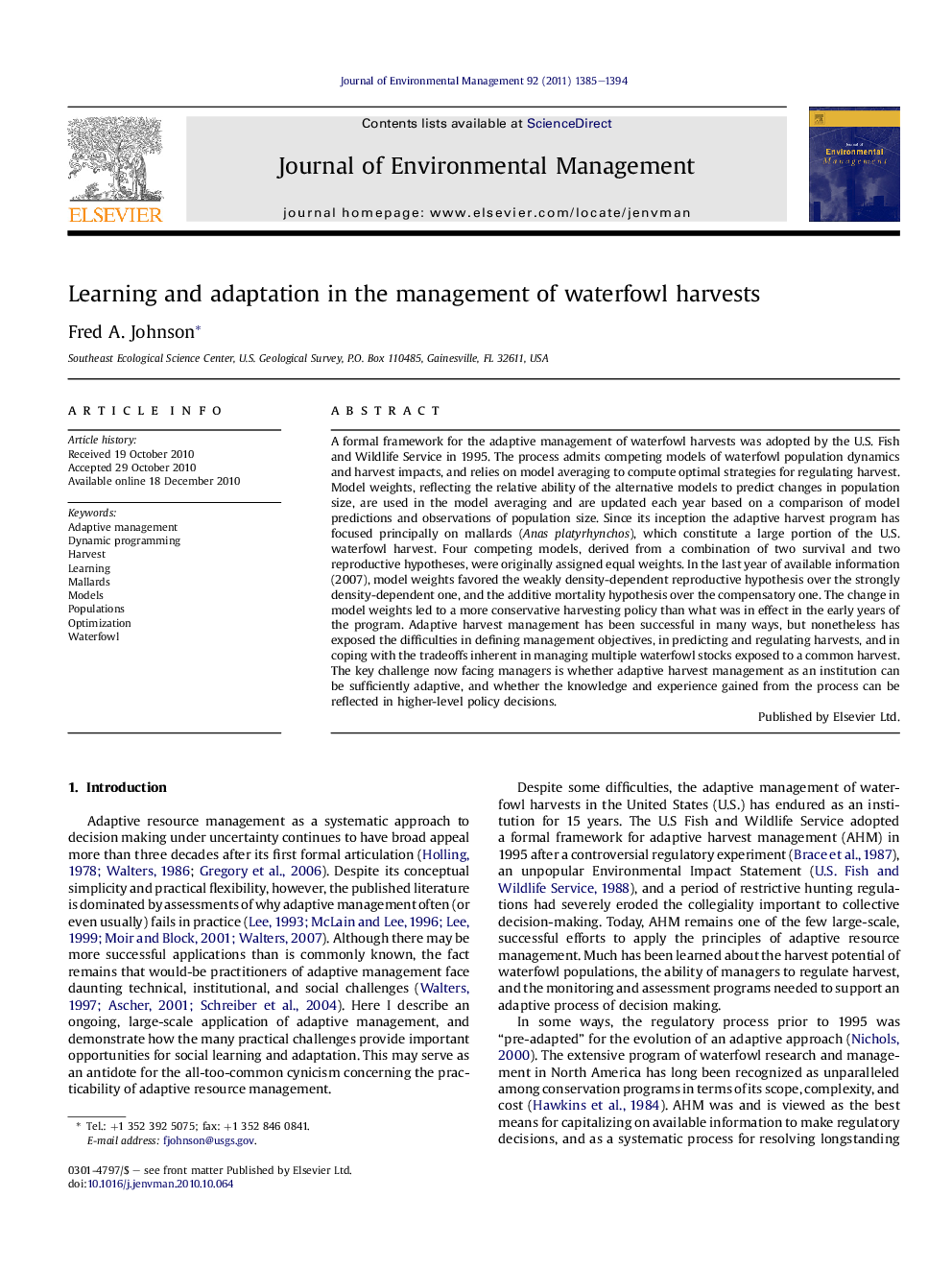 Learning and adaptation in the management of waterfowl harvests