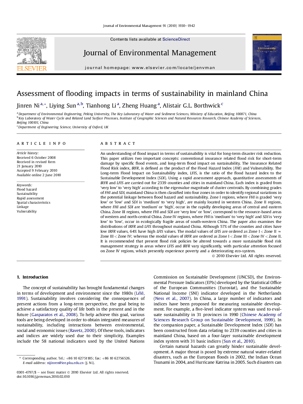 Assessment of flooding impacts in terms of sustainability in mainland China