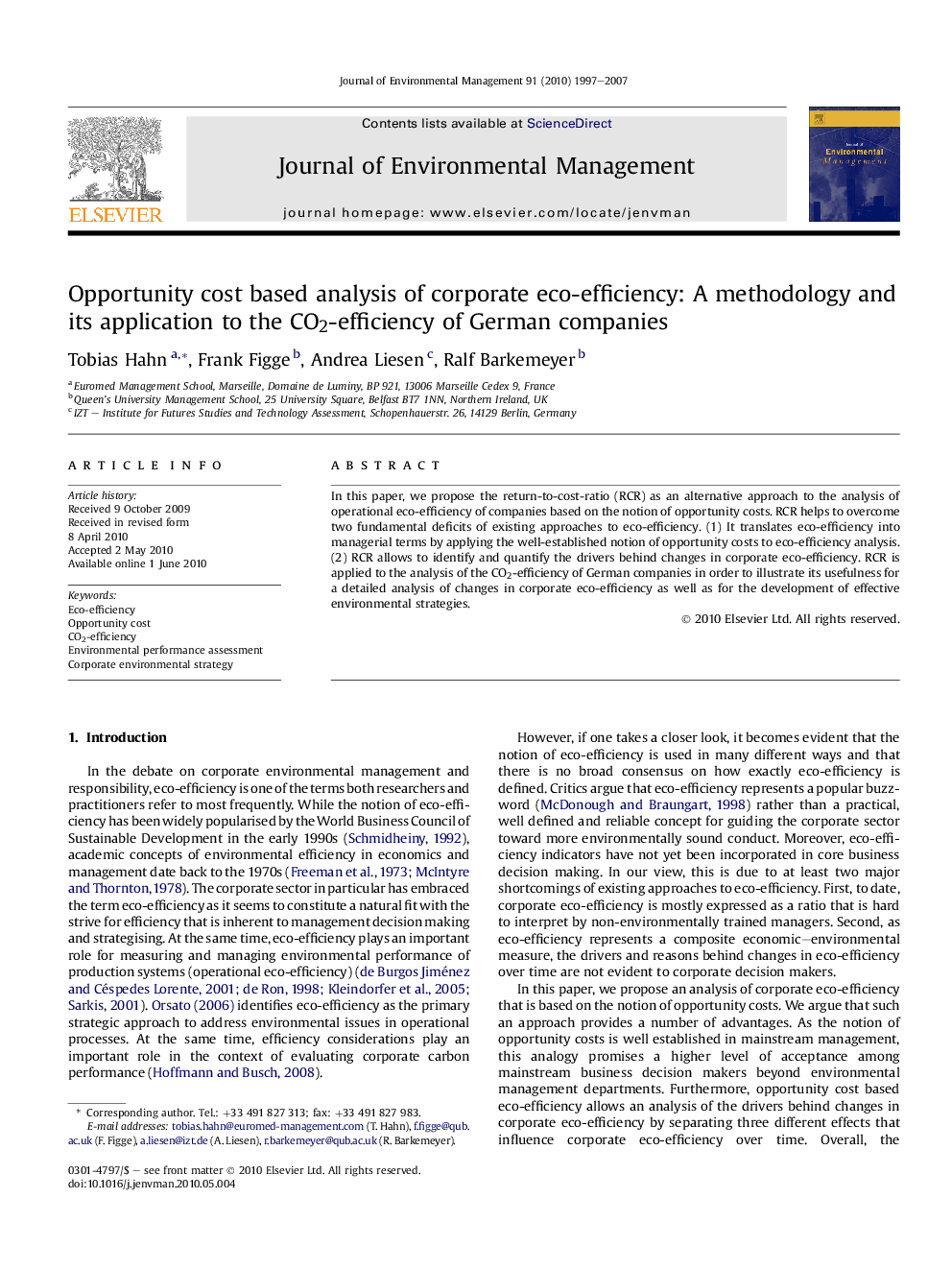 Opportunity cost based analysis of corporate eco-efficiency: A methodology and its application to the CO2-efficiency of German companies