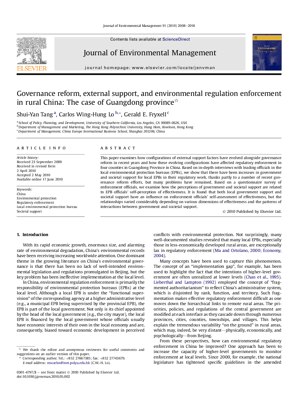 Governance reform, external support, and environmental regulation enforcement in rural China: The case of Guangdong province 