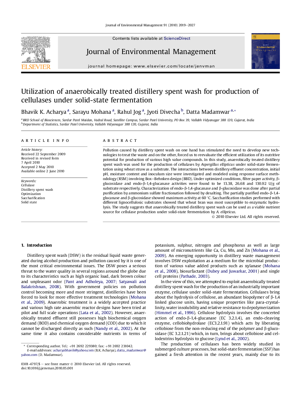 Utilization of anaerobically treated distillery spent wash for production of cellulases under solid-state fermentation