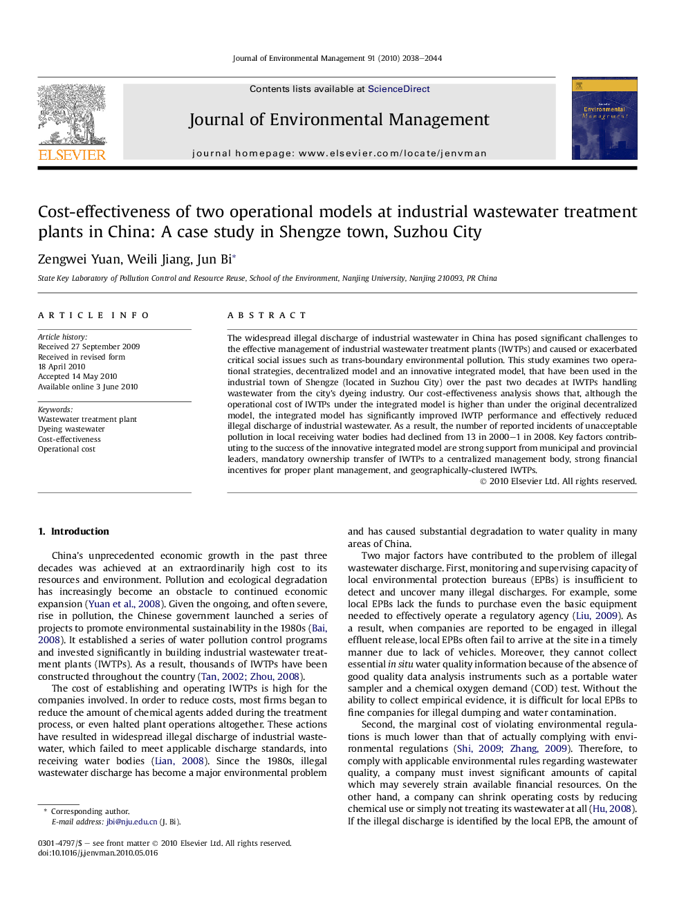 Cost-effectiveness of two operational models at industrial wastewater treatment plants in China: A case study in Shengze town, Suzhou City