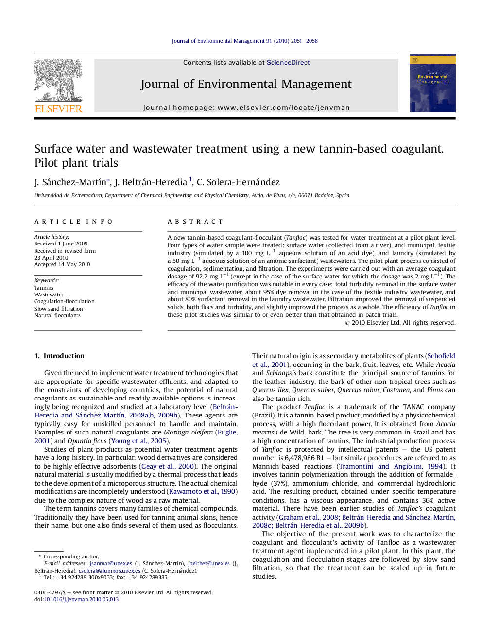 Surface water and wastewater treatment using a new tannin-based coagulant. Pilot plant trials