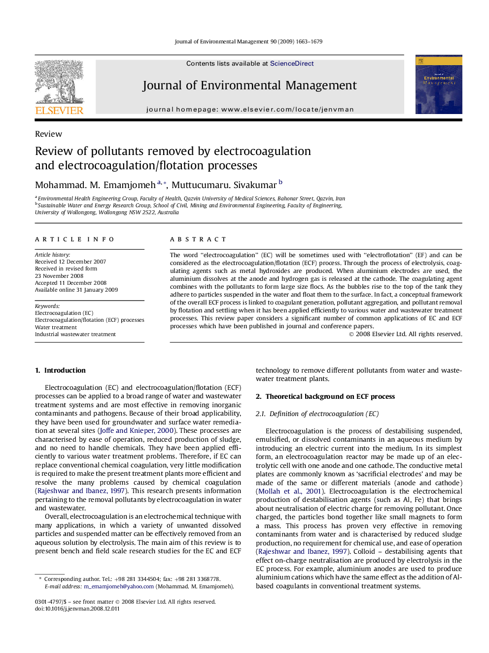 Review of pollutants removed by electrocoagulation and electrocoagulation/flotation processes