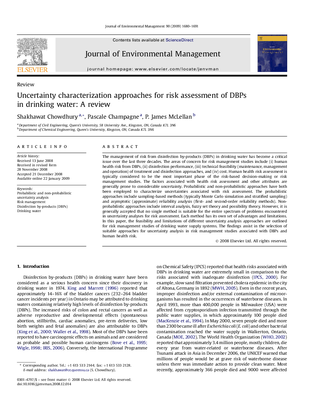 Uncertainty characterization approaches for risk assessment of DBPs in drinking water: A review