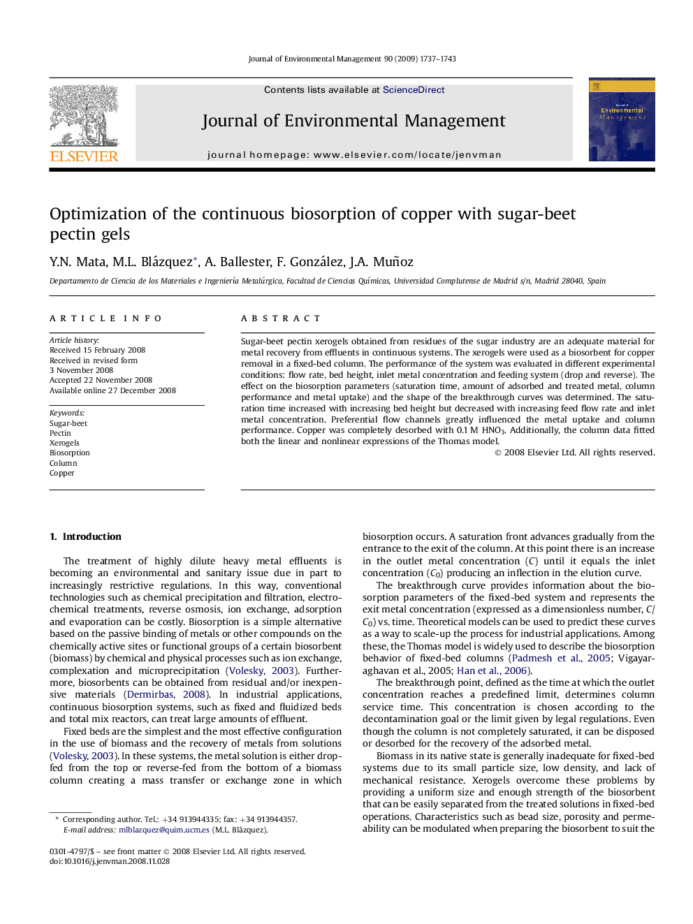 Optimization of the continuous biosorption of copper with sugar-beet pectin gels