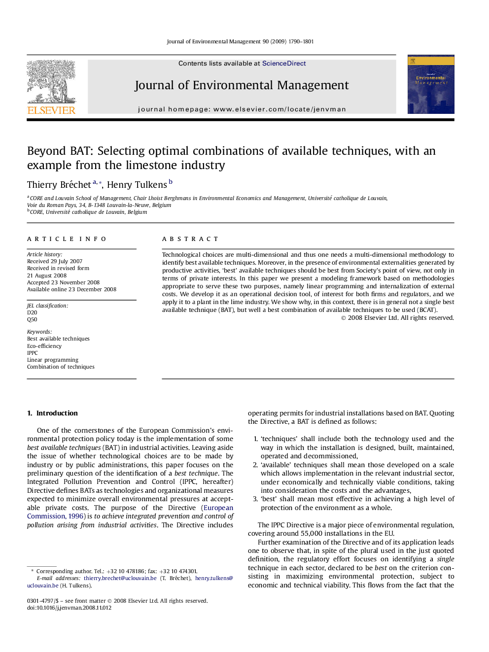 Beyond BAT: Selecting optimal combinations of available techniques, with an example from the limestone industry