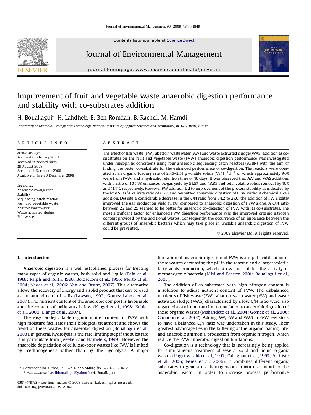 Improvement of fruit and vegetable waste anaerobic digestion performance and stability with co-substrates addition