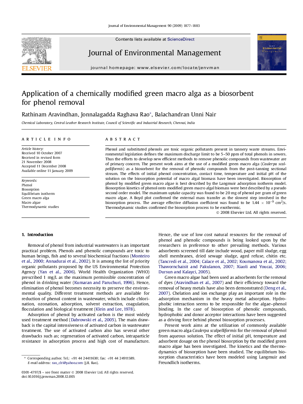 Application of a chemically modified green macro alga as a biosorbent for phenol removal