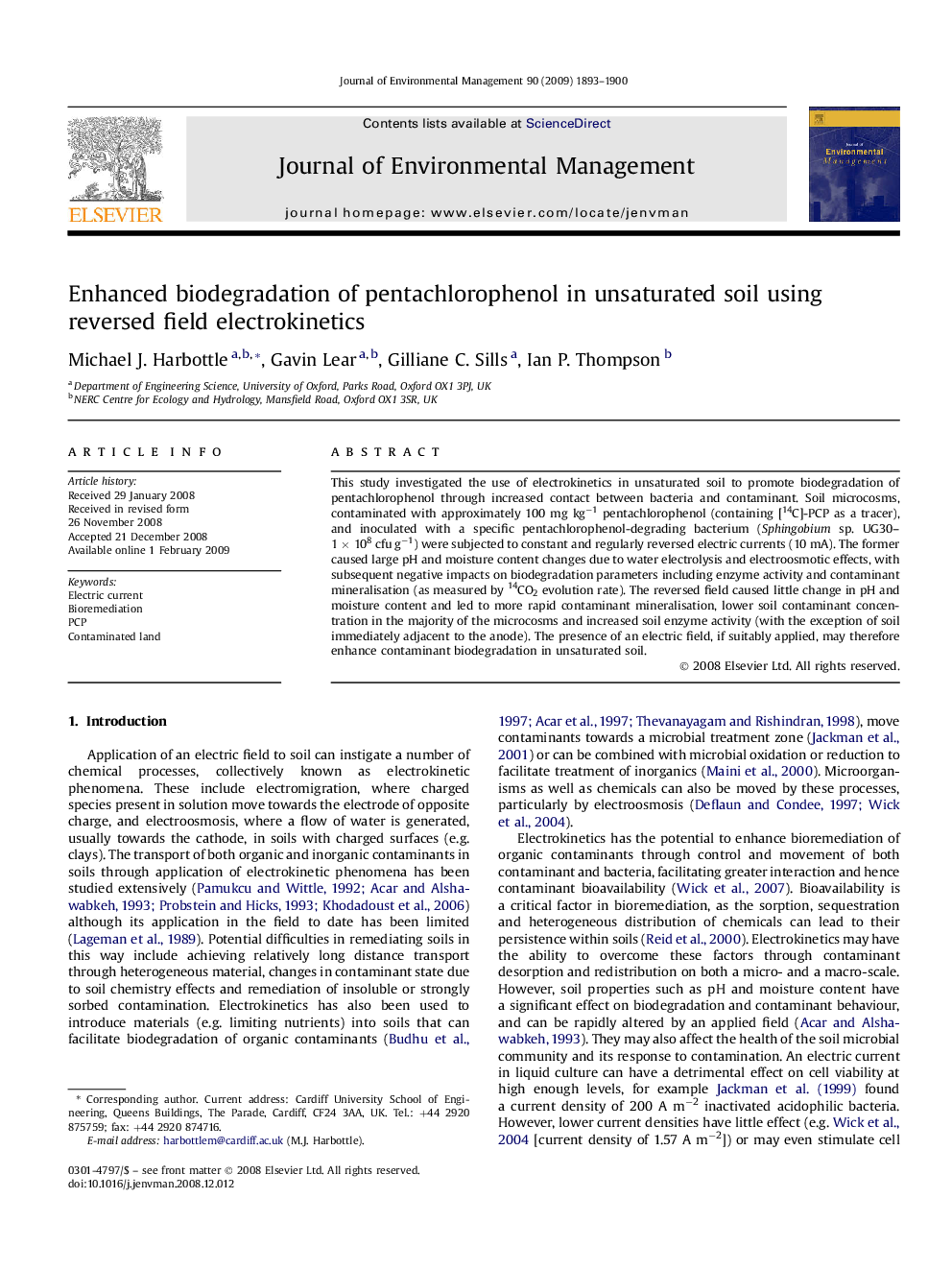 Enhanced biodegradation of pentachlorophenol in unsaturated soil using reversed field electrokinetics