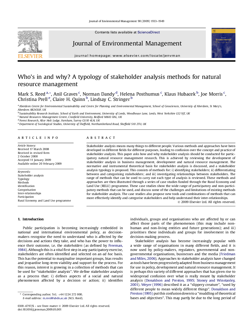 Who's in and why? A typology of stakeholder analysis methods for natural resource management