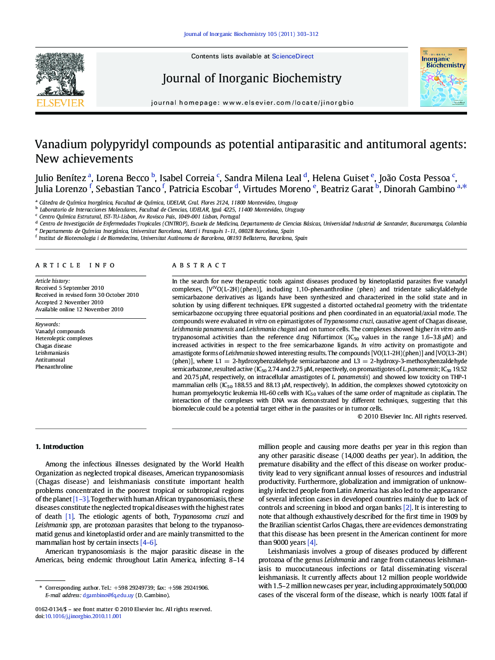 Vanadium polypyridyl compounds as potential antiparasitic and antitumoral agents: New achievements