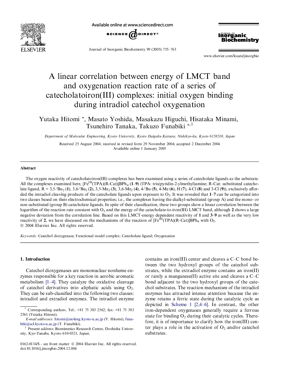 A linear correlation between energy of LMCT band and oxygenation reaction rate of a series of catecholatoiron(III) complexes: initial oxygen binding during intradiol catechol oxygenation