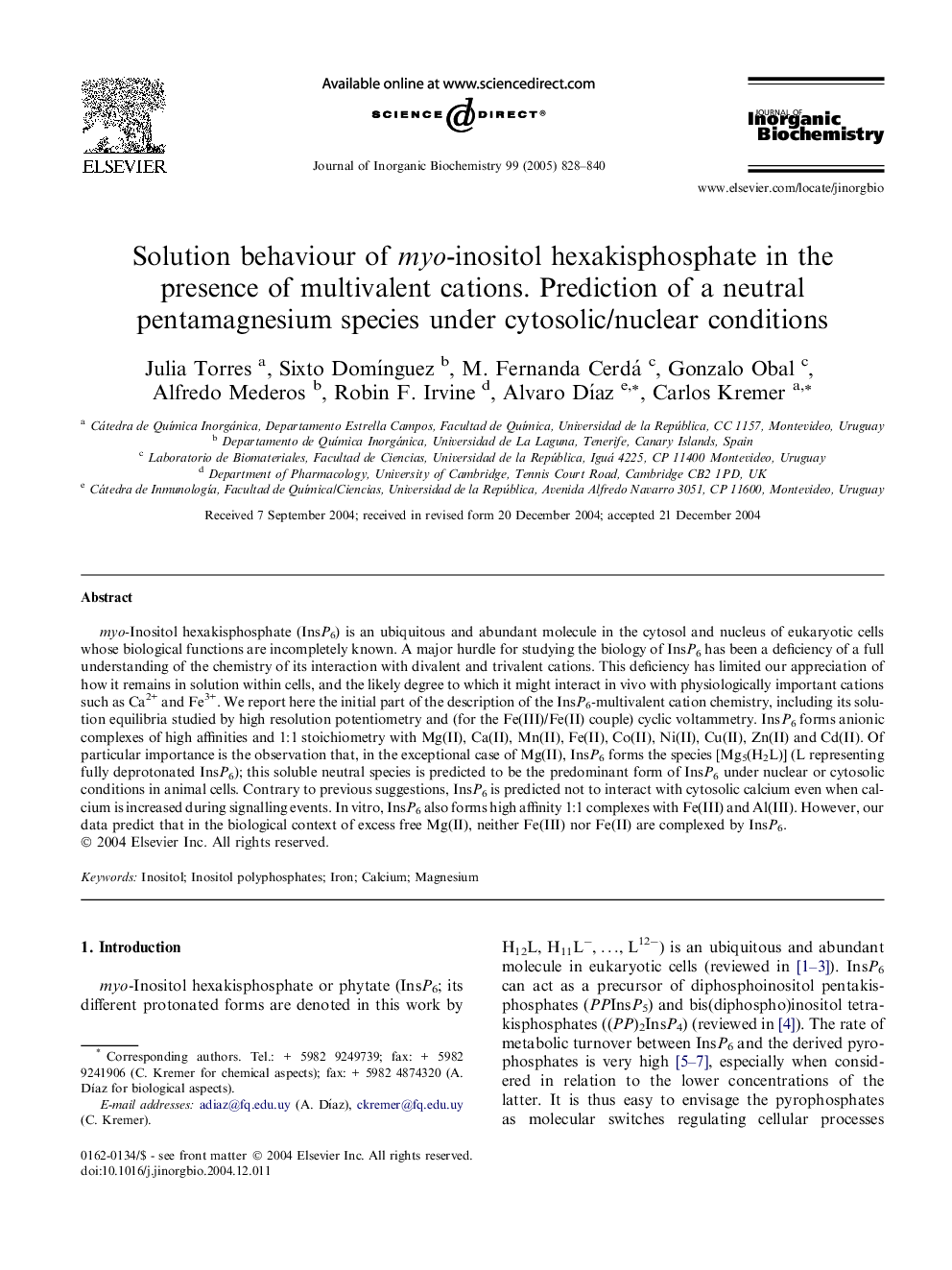 Solution behaviour of myo-inositol hexakisphosphate in the presence of multivalent cations. Prediction of a neutral pentamagnesium species under cytosolic/nuclear conditions