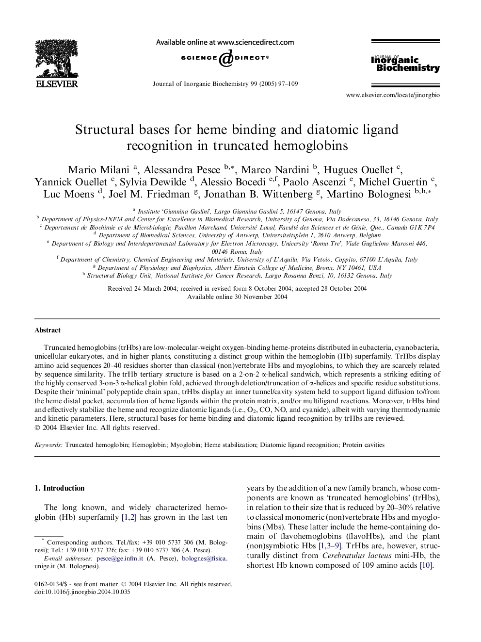 Structural bases for heme binding and diatomic ligand recognition in truncated hemoglobins