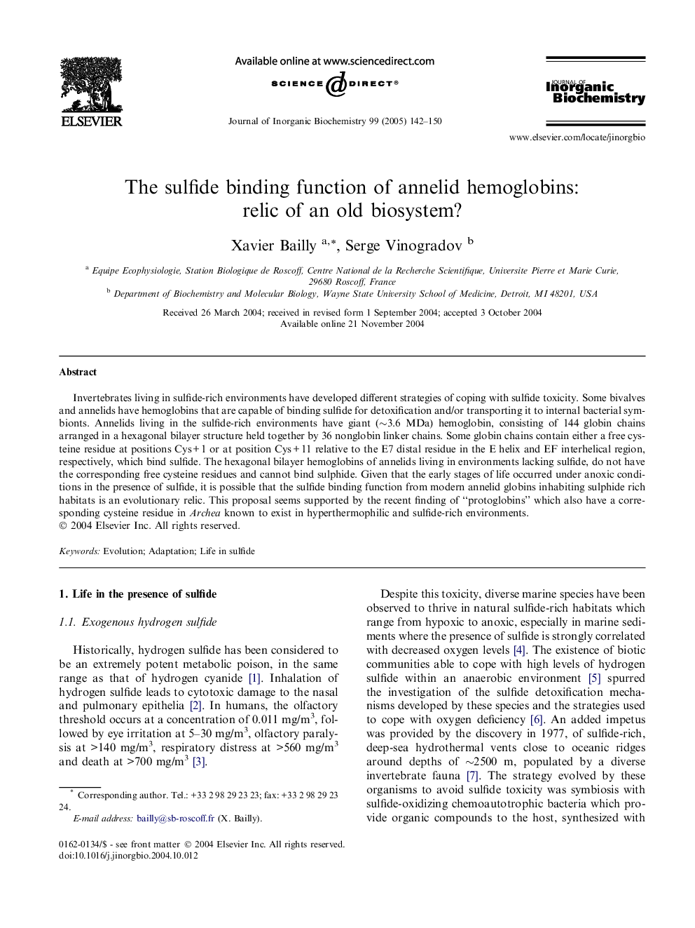 The sulfide binding function of annelid hemoglobins: relic of an old biosystem?