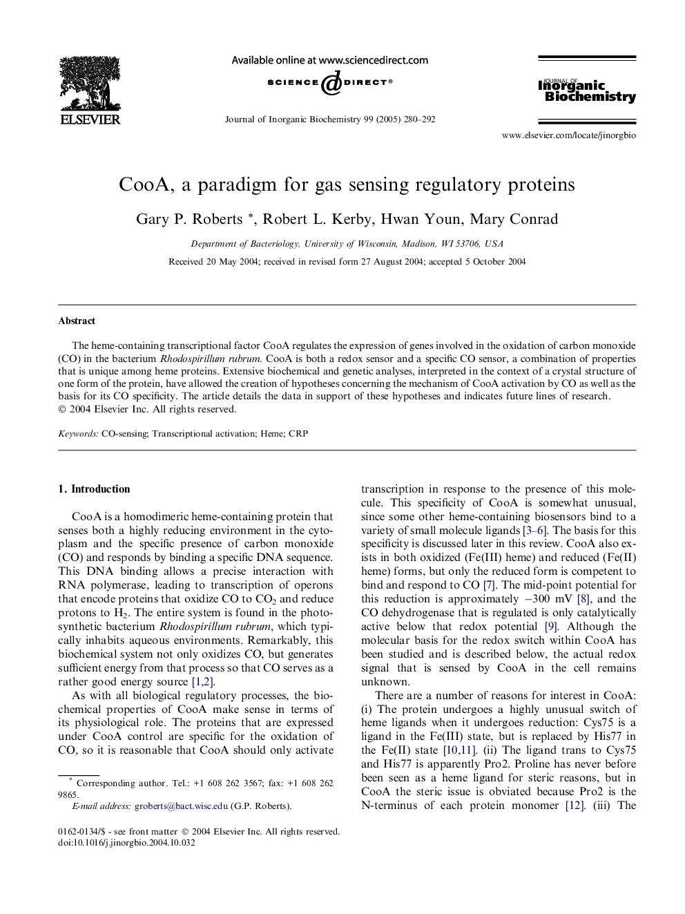 CooA, a paradigm for gas sensing regulatory proteins