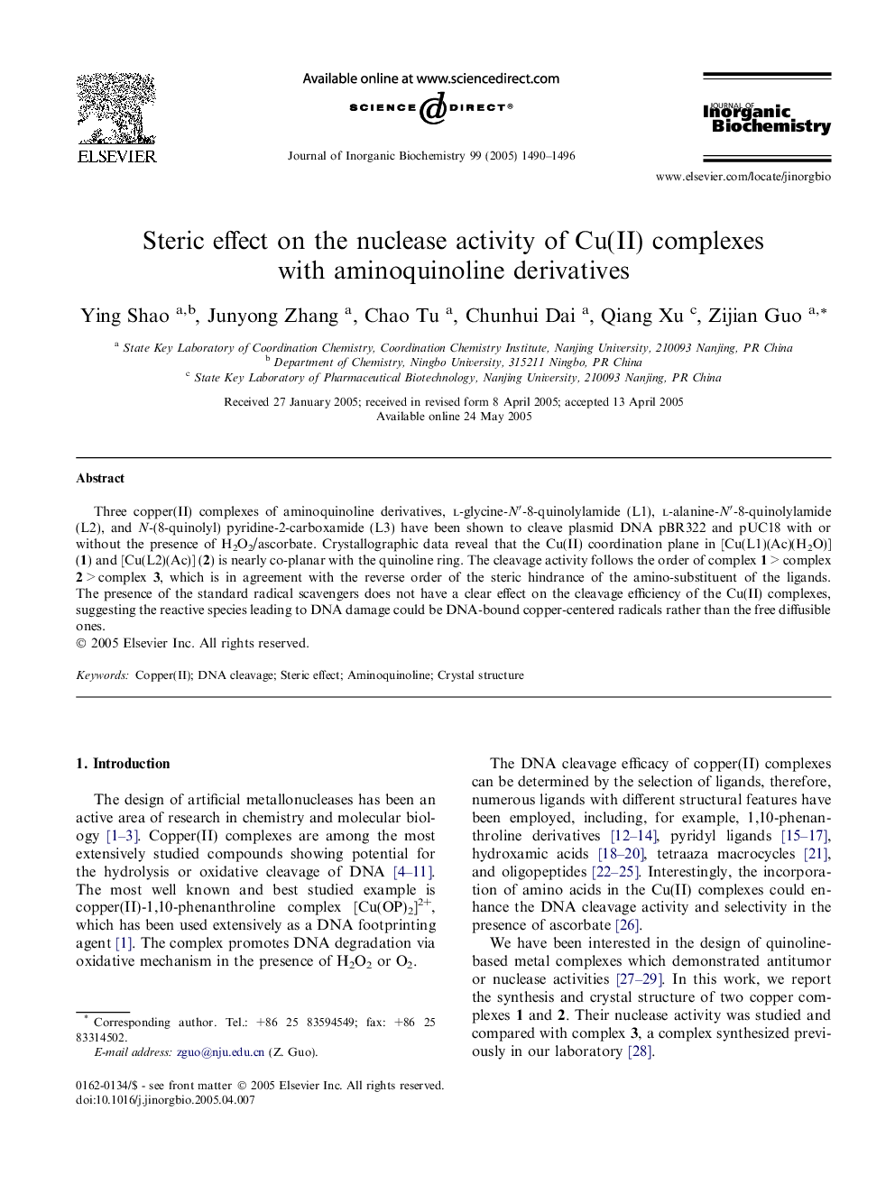 Steric effect on the nuclease activity of Cu(II) complexes with aminoquinoline derivatives