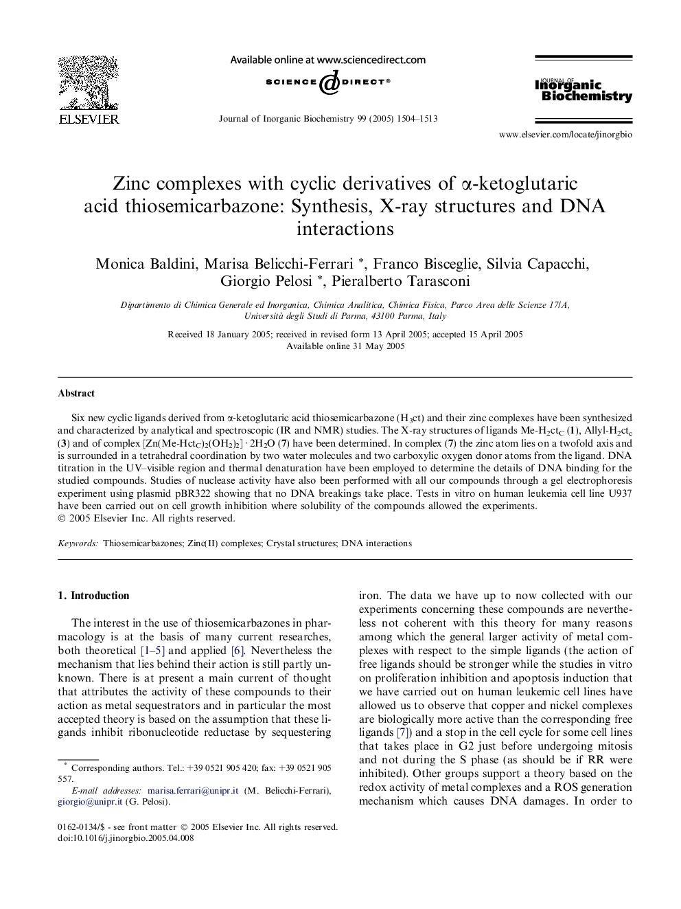 Zinc complexes with cyclic derivatives of Î±-ketoglutaric acid thiosemicarbazone: Synthesis, X-ray structures and DNA interactions