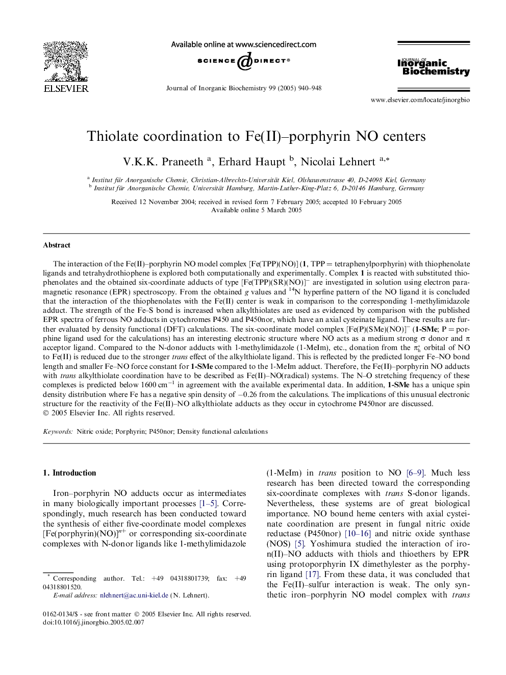 Thiolate coordination to Fe(II)-porphyrin NO centers