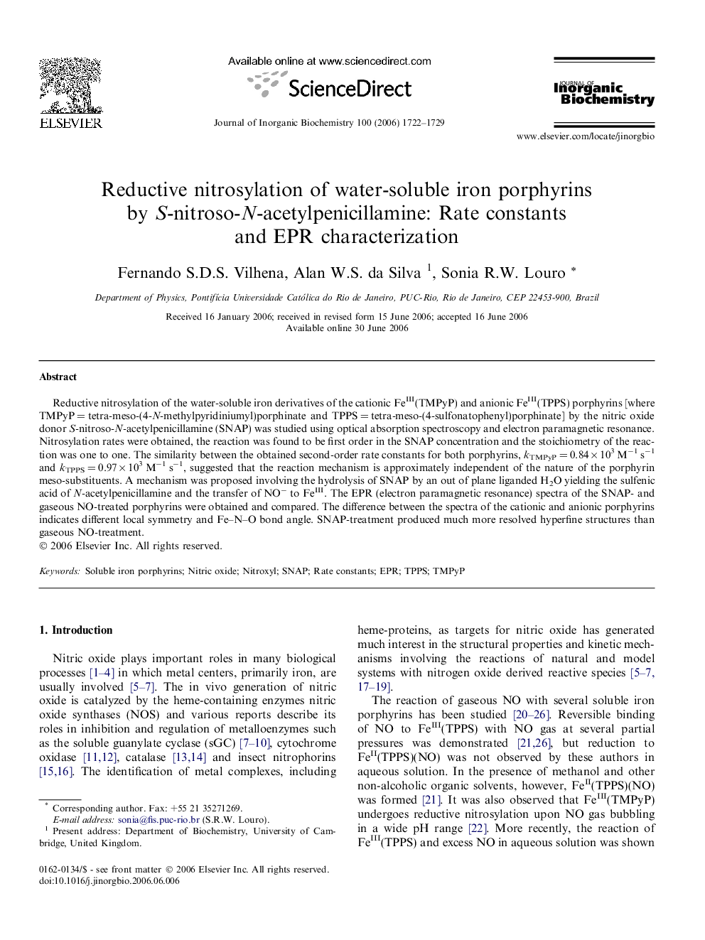 Reductive nitrosylation of water-soluble iron porphyrins by S-nitroso-N-acetylpenicillamine: Rate constants and EPR characterization