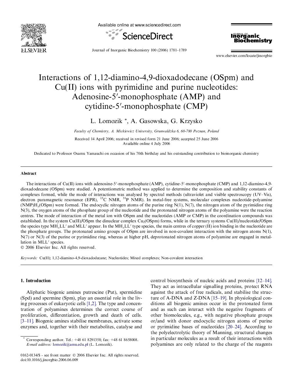 Interactions of 1,12-diamino-4,9-dioxadodecane (OSpm) and Cu(II) ions with pyrimidine and purine nucleotides: Adenosine-5â²-monophosphate (AMP) and cytidine-5â²-monophosphate (CMP)