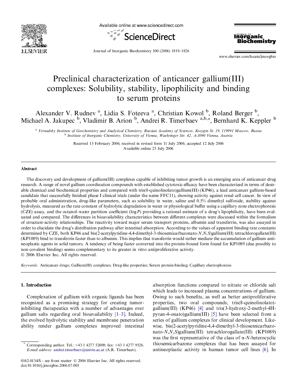 Preclinical characterization of anticancer gallium(III) complexes: Solubility, stability, lipophilicity and binding to serum proteins