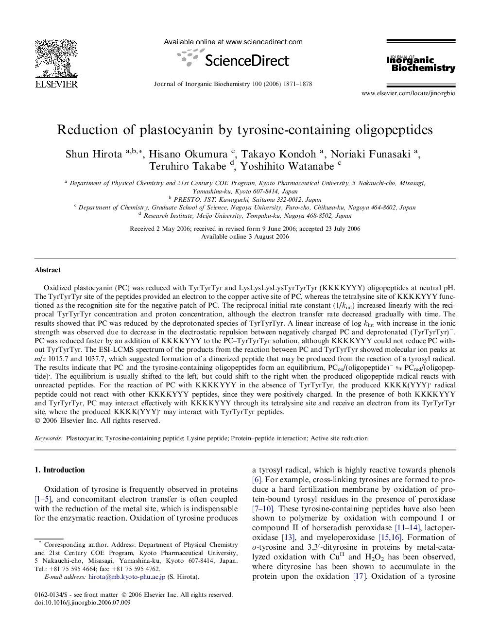 Reduction of plastocyanin by tyrosine-containing oligopeptides