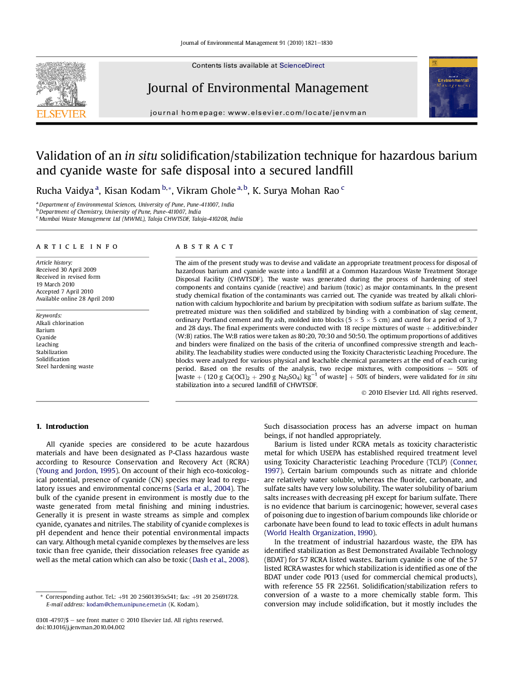 Validation of an in situ solidification/stabilization technique for hazardous barium and cyanide waste for safe disposal into a secured landfill