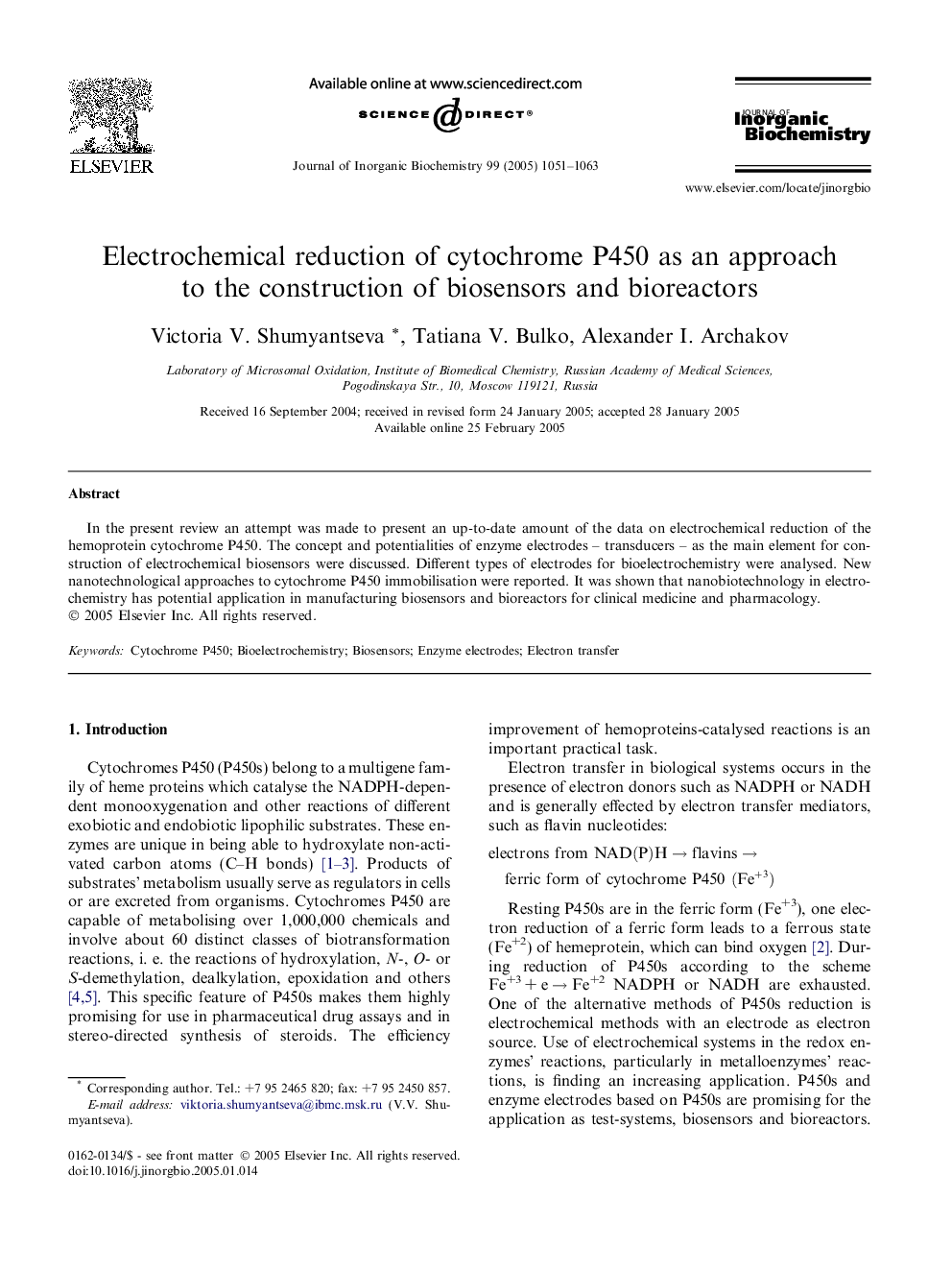 Electrochemical reduction of cytochrome P450 as an approach to the construction of biosensors and bioreactors