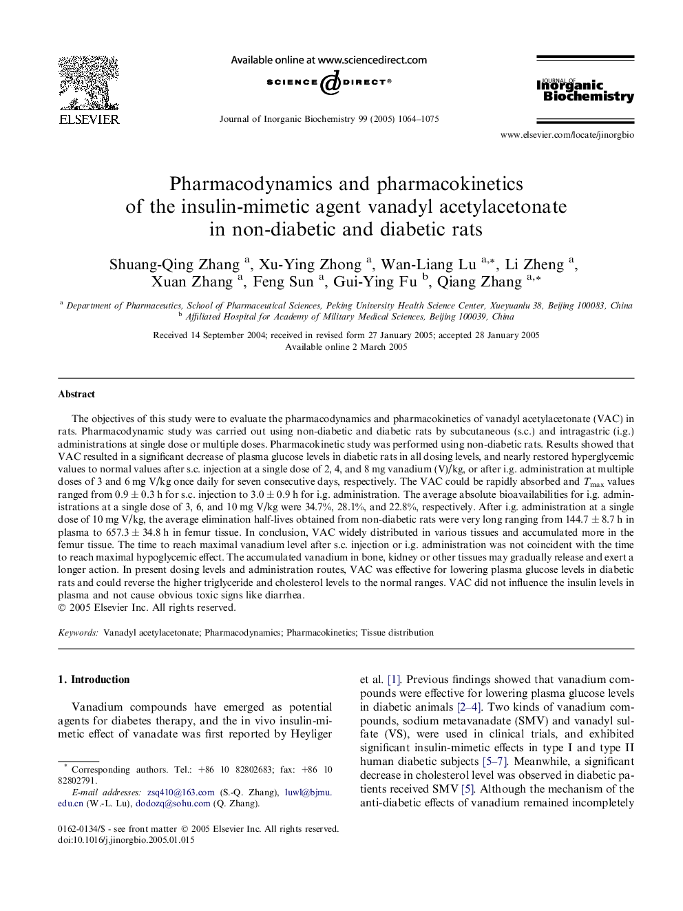 عکس صفحه اول مقاله: Pharmacodynamics and pharmacokinetics of the insulin-mimetic agent vanadyl acetylacetonate in non-diabetic and diabetic rats Pharmacodynamics and pharmacokinetics of the insulin-mimetic agent vanadyl acetylacetonate in non-diabetic and diabetic rats